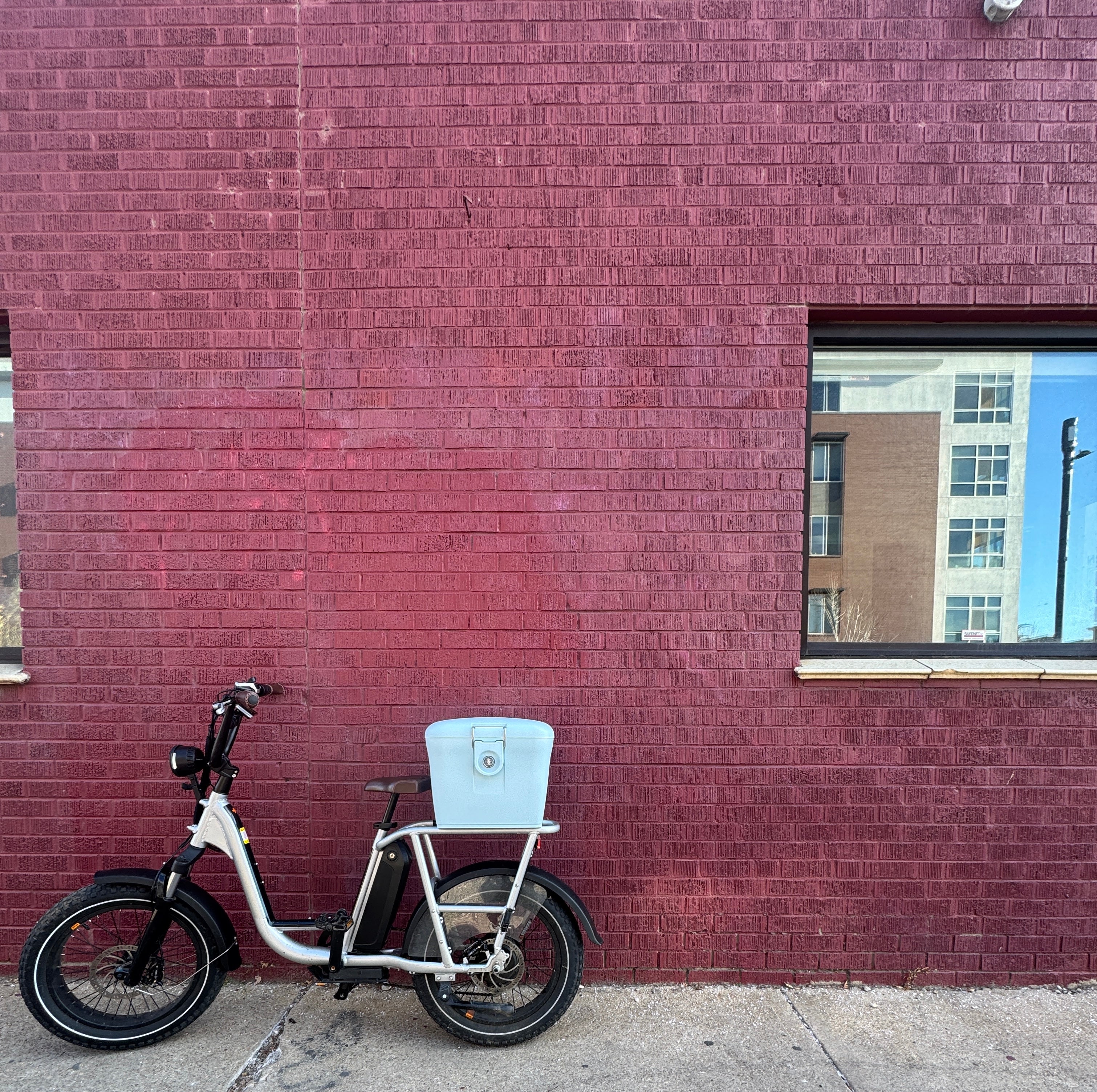 Rad Power bike with blue trunk leaning against red wall.
